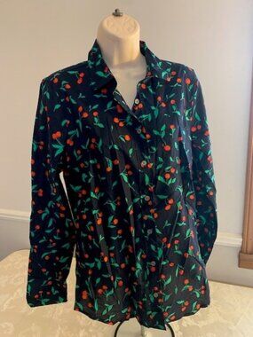 J Crew Navy Cherry Print Cotton Button Down Shirt Size Medium M